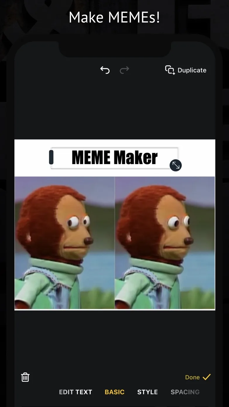 Meme editor captioned 'Make MEMEs!' showing the two-panel puppet-monkey meme with a 'MEME Maker' text box being edited above tabs for text style and spacing